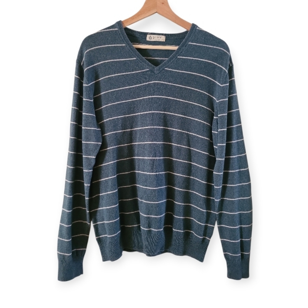 Vintage J.Crew Mens V Neck Striped Cotton Cashmere Sweater Green White Pullover